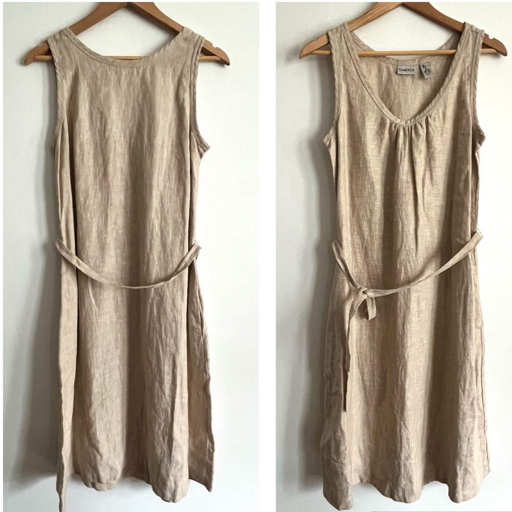 Chico’s Beige Linen Sleeveless Tie Waist Summer Dress with pockets